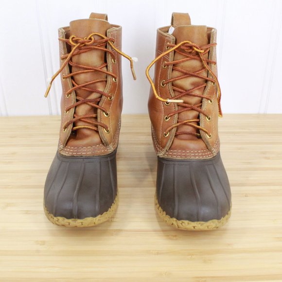 LL Bean Unlined Brown Leather Lace-up Rubber Duck Boots Size 7 M - Picture 5 of 9